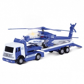 Трейлер Милиция/Полиция с вертолетом, металлический, инерционный, свет и звук (Технопарк, CT10-037-2sim)